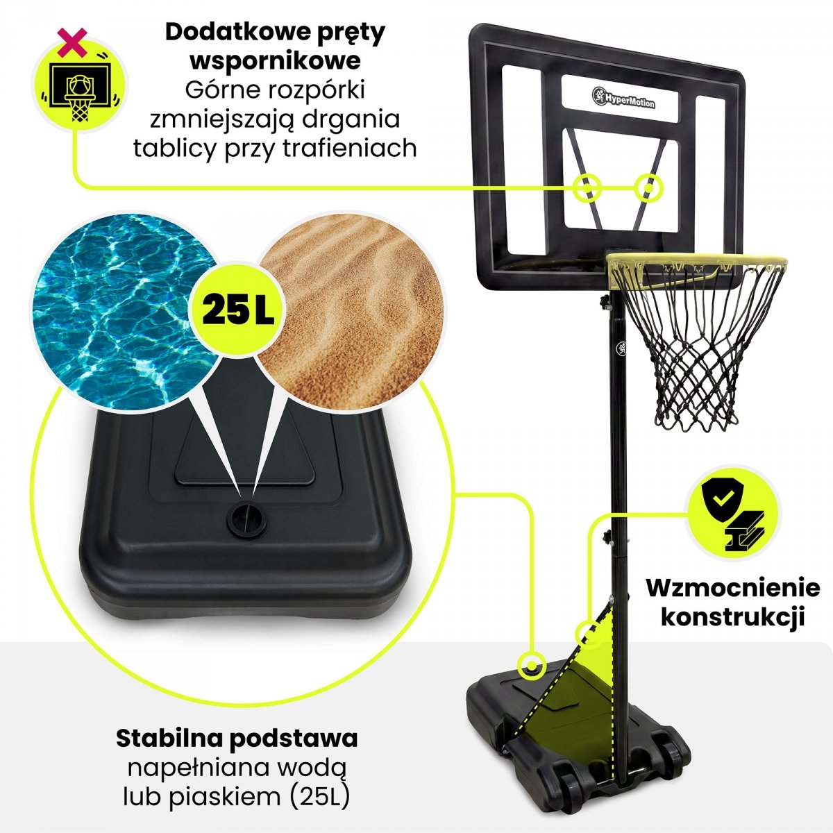  Wolnostojący kosz do koszykówki dla dzieci z regulacją wysokości 165–215 cm, tablica 82 × 58 cm - HyperMotion