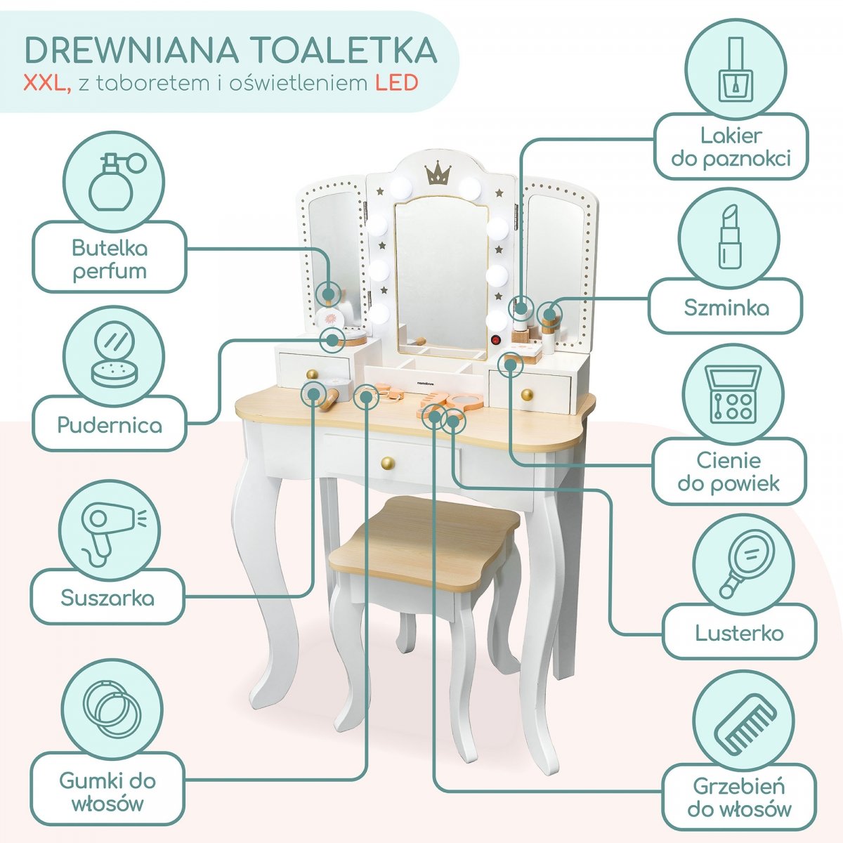 Drewniana toaletka XXL z taboretem i oświetleniem LED dla dzieci + akcesoria