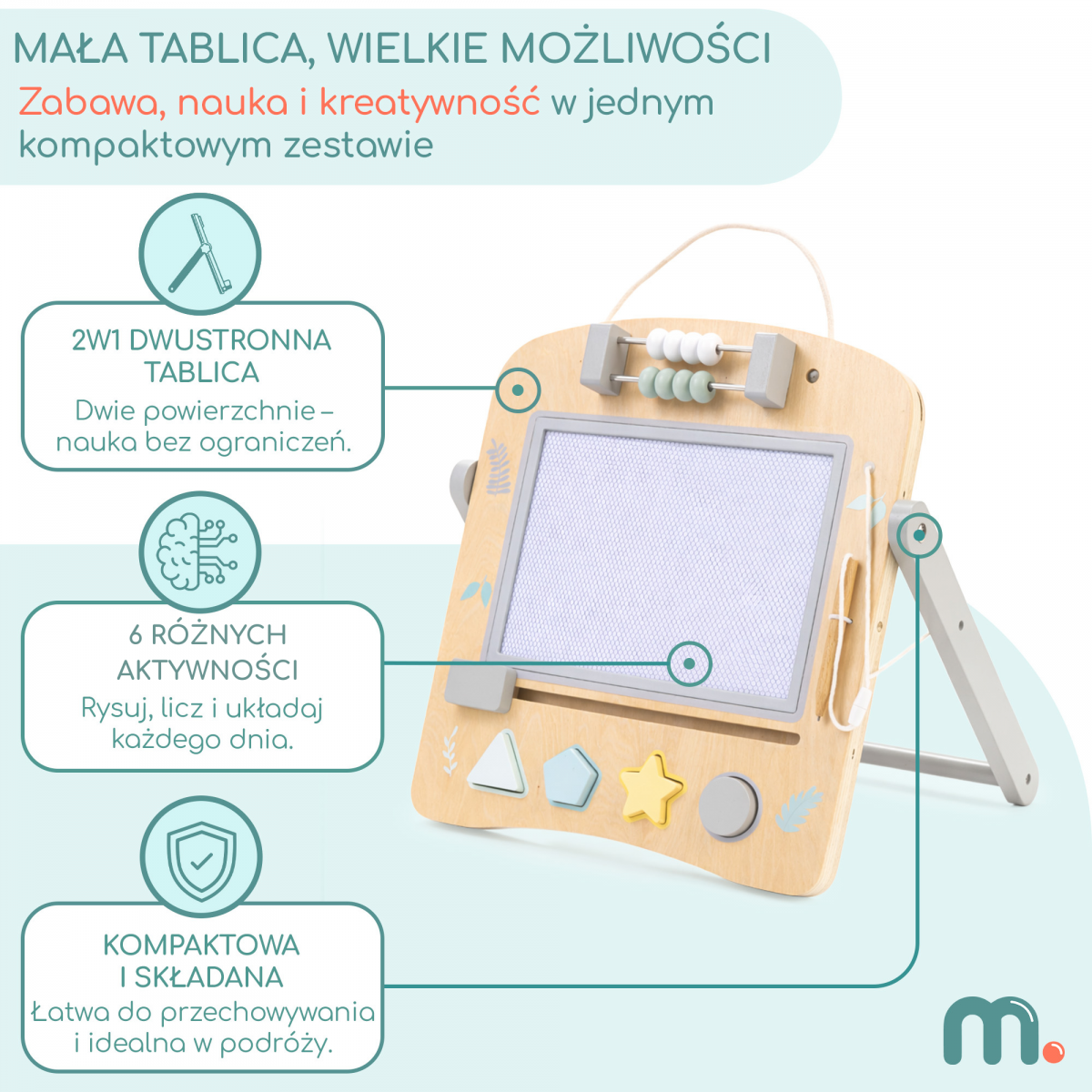 Drewniana tablica edukacyjna 2w1 dla dzieci, dwustronna tablica magnetyczna ze znikopisem, liczydłem i sorterem
