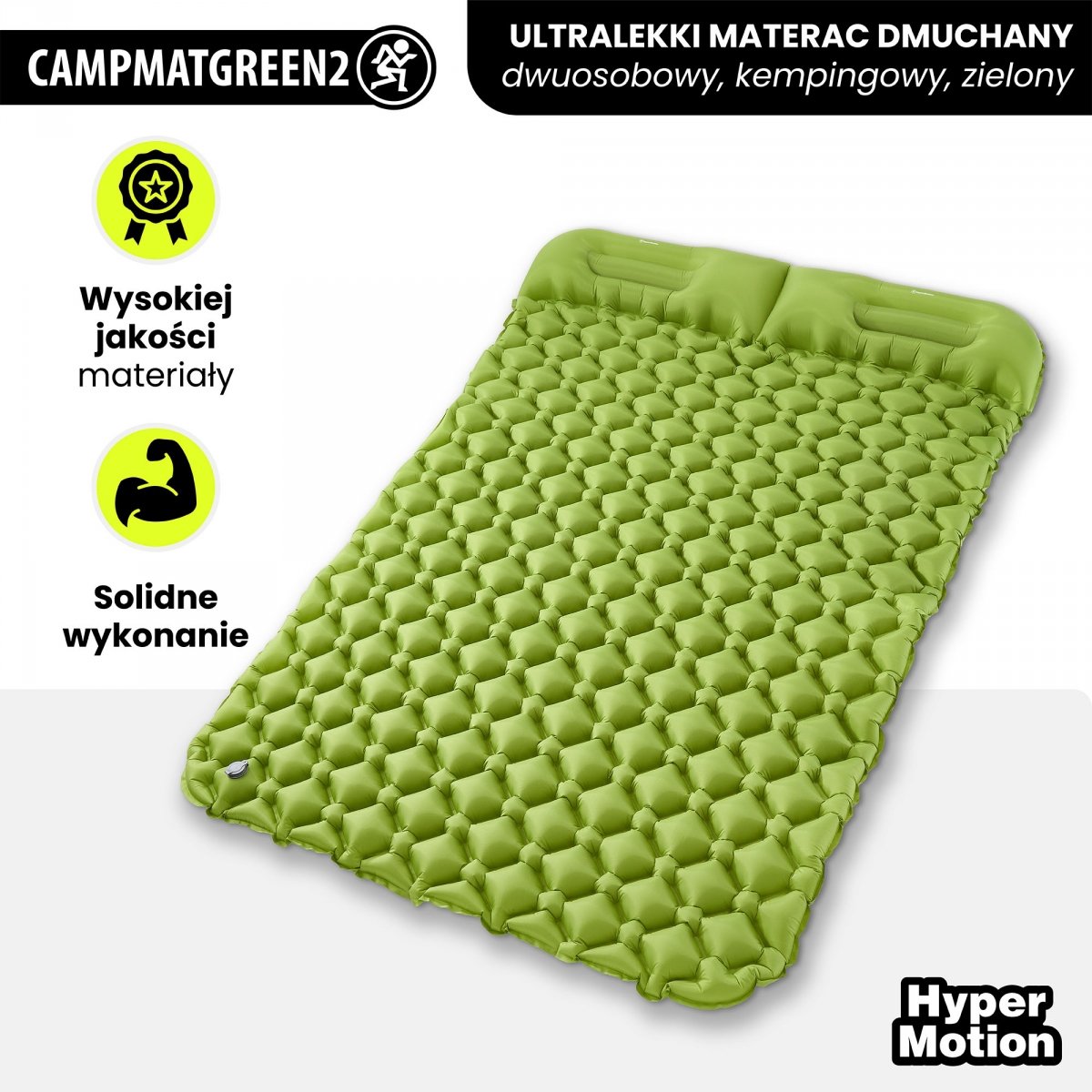 Ultralekki materac dmuchany dwuosobowy do spania na kemping i trekking HyperMotion Campmat – 190x120 cm – zielony