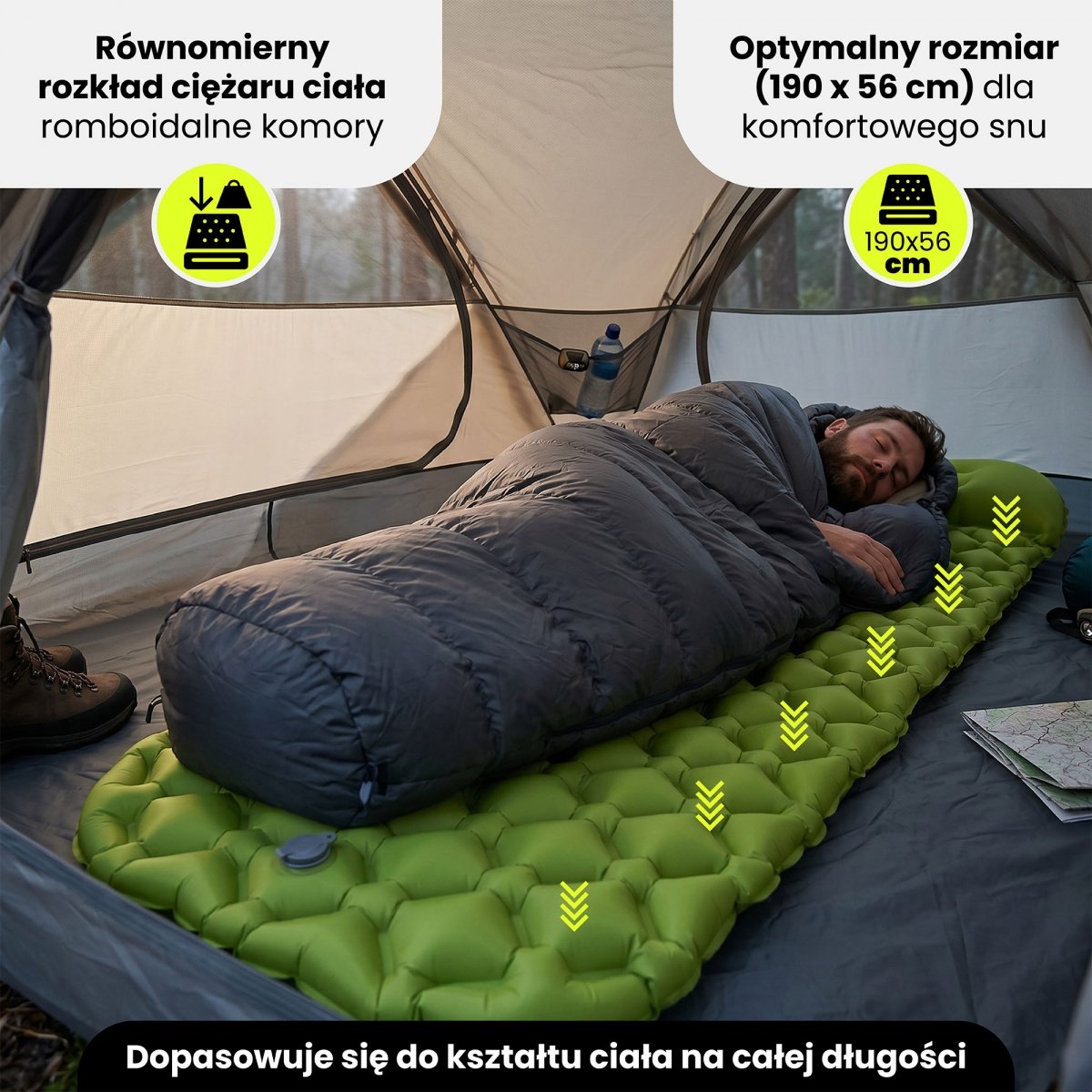 Ultralekki materac dmuchany jednoosobowy do spania na kemping i trekking HyperMotion Campmat – 190x56 cm – zielony
