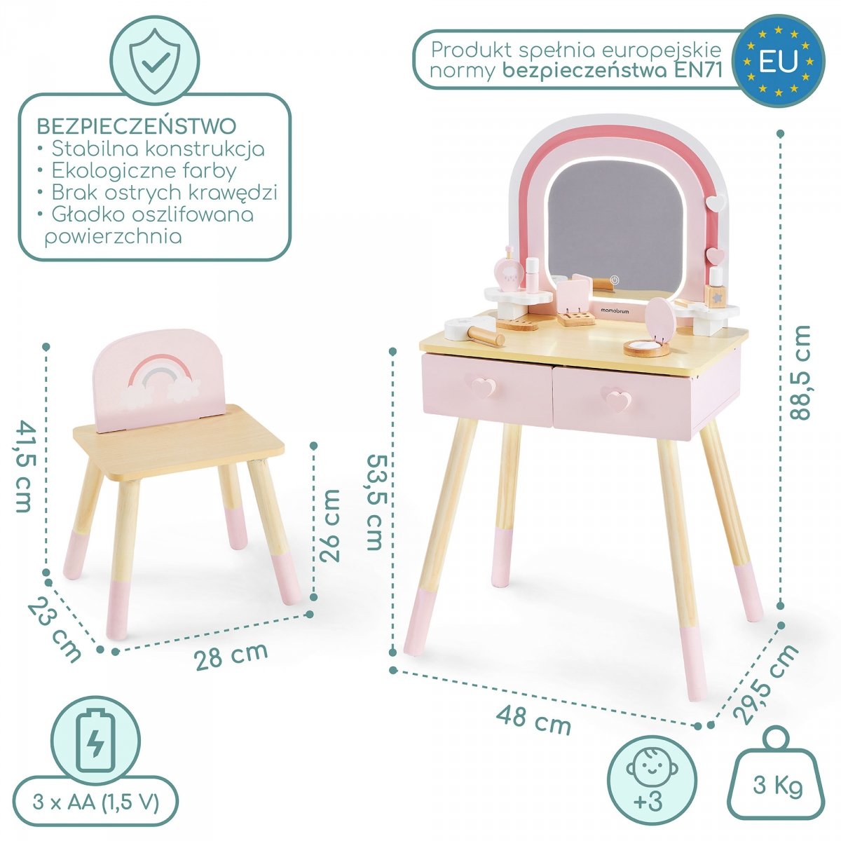 Drewniana toaletka dla dzieci z oświetleniem LED o płynnej regulacji jasności, krzesełkiem i akcesoriami