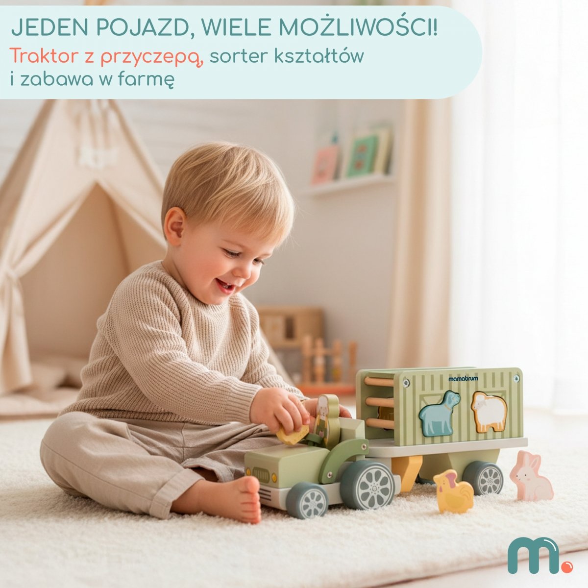 Drewniany traktor z przyczepą i zwierzątkami - sorter kształtów - farma