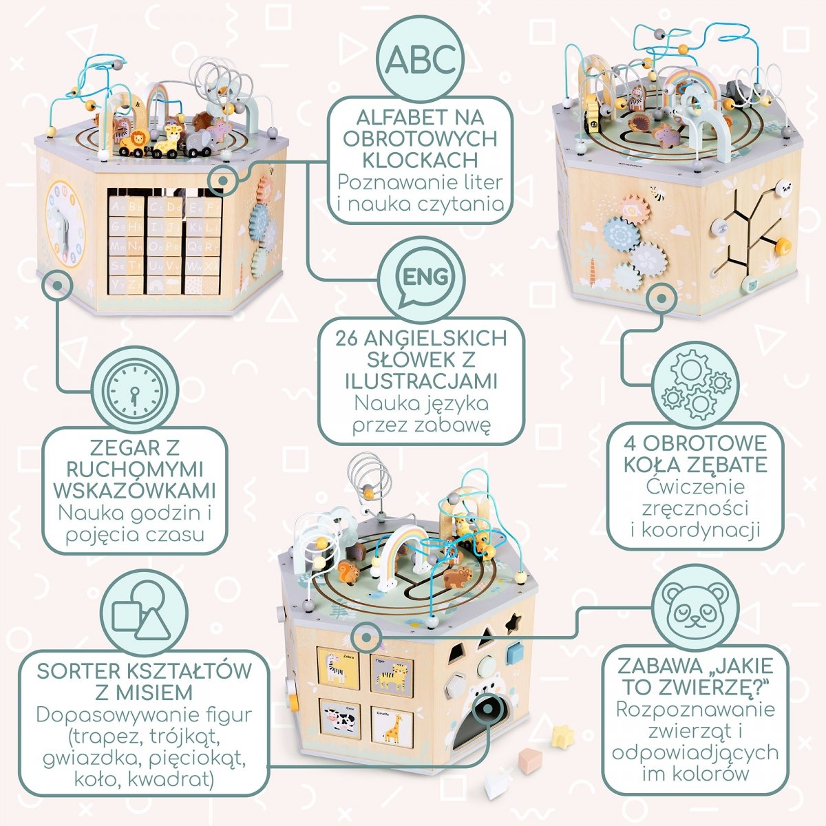 Duża Drewniana Kostka Edukacyjna - zabawka Montessori z magnetyczną kolejką i pętlami motorycznymi