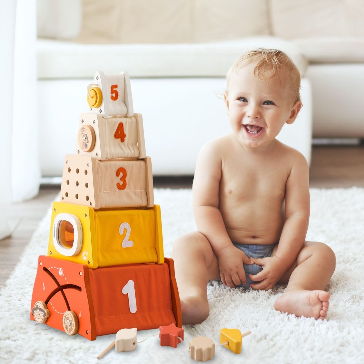 Drewniana piramidka edukacyjna Montessori - sorter kształtów, labirynt, cyfry