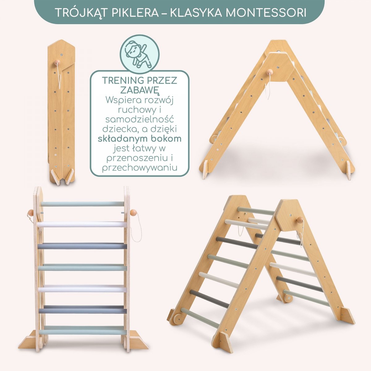 Drewniany domowy plac zabaw dla dzieci - ścianka wspinaczkowa, zjeżdżalnia, łuk wspinaczkowy/bujak i trójkąt Piklera 