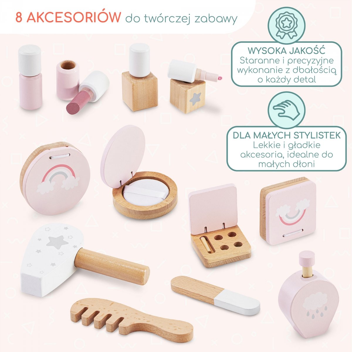 Drewniana toaletka dla dzieci z oświetleniem LED o płynnej regulacji jasności, krzesełkiem i akcesoriami