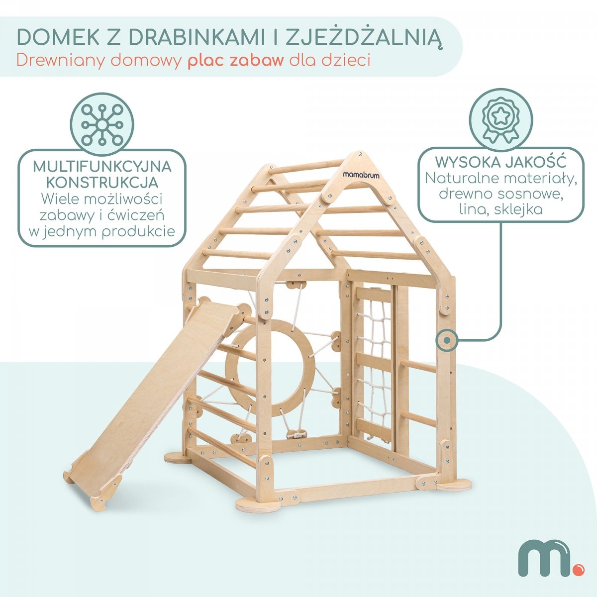 Drewniany domowy plac zabaw dla dzieci – domek z drabinkami i zjeżdżalnią