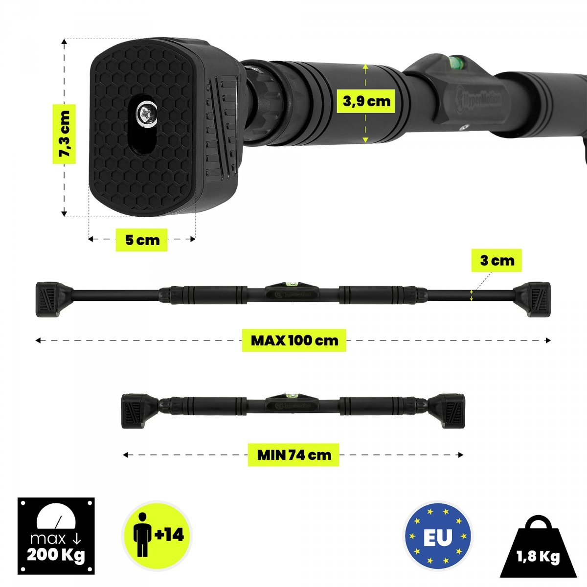 Drążek rozporowy do podciągania HyperMotion regulowany 74-100 cm, 200kg, czarny