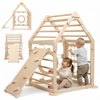 Drewniany domowy plac zabaw dla dzieci – domek z drabinkami i zjeżdżalnią