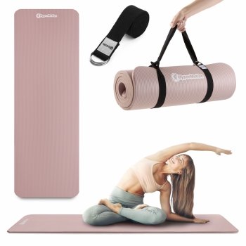 Mata do ćwiczeń fitness i jogi NBR z wielofunkcyjnym paskiem do ćwiczeń i przenoszenia - 183 x 61 x 1,5 cm HyperMotion - kolor brudny róż