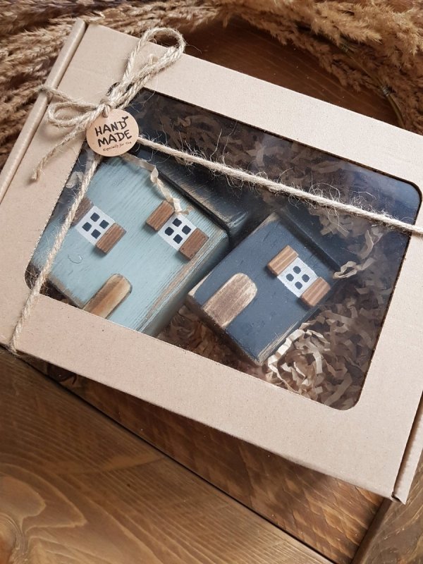 BOX zestaw drewnianych domków niebieski/grafit