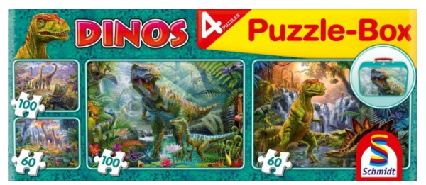 Puzzle 2x60 + 2x100 Dinozaury 320el Dinos Schmidt Walizka metalowa