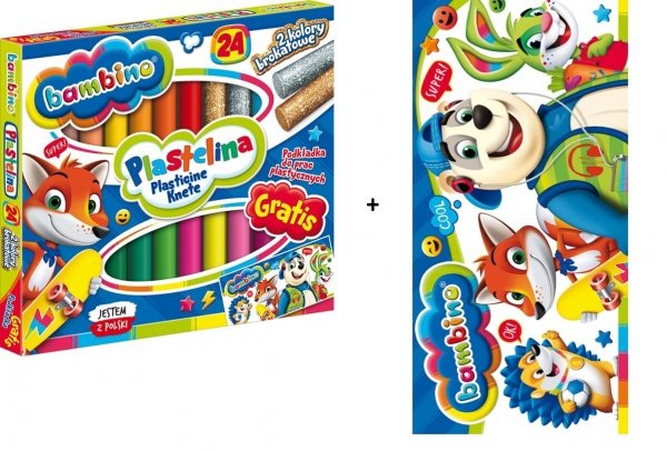 Plastelina Bambino 24 kolory 2 brokatowe + Podkładka