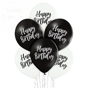 Balony 12 cali białe i czarne Happy Birthday 