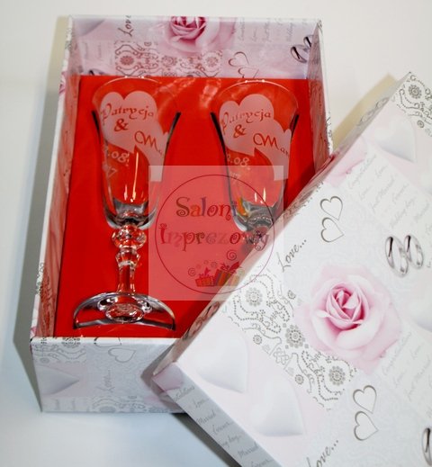 Kieliszki do szampana z grawerem na ślub + kolorowym pudełku