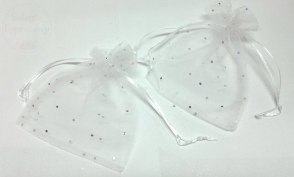 Torebka materiałowa tiulowa biała z cekinami 12x15cm
