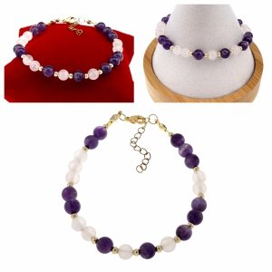 1926e Bransoletka kamienie naturalne ametyst kwarc różowy 18+4cm stal chirurgiczna