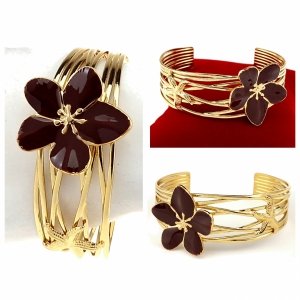 op281 Bransoletka złota 6,5cm stal chirurgiczna bangla 316L kwiatek