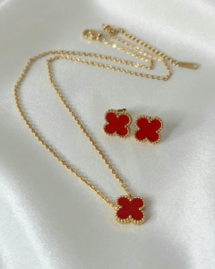 4246 Komplet kolczyki, naszyjnik 40+5cm, pierścionek złoty stal chirurgiczna koniczyna marokańska