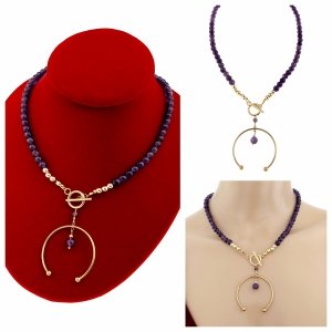 052 Złoty łańcuszek ametyst kamień naturalny 44cm stal chirurgiczna nierdzewna naszyjnik