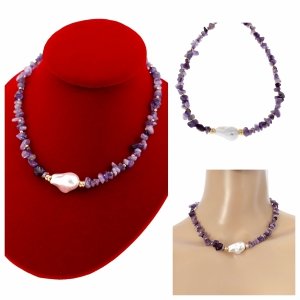 0390 Złoty łańcuszek 40+5 naszyjnik stal chirurgiczna celebrytka ametyst kamień perła