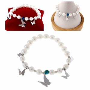 2435c Bransoletka srebrna pozłacana białym złotem na gumce jubilerskiej perły motylki