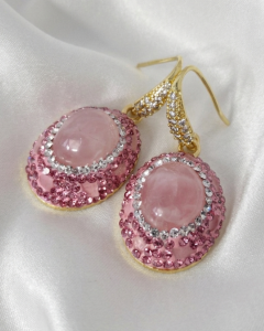 1920a Kolczyki królewskie kwarc różowy pozłacane 14K kamień naturalny wiszące