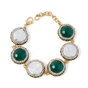 3510 Bransoletka złota 15+6cm pozłacana 14k jadeit kamień naturalny perły