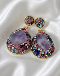 1628e Kolczyki złote kamień Ametyst pozłacane 14K kamień naturalny wiszące