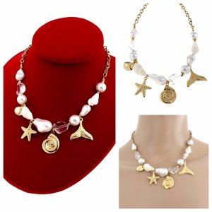 op224 Złoty łańcuszek 40+5 naszyjnik stal chirurgiczna nierdzewna 316L muszelka rozgwiazda perły