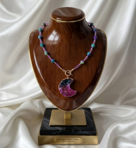 1229i Naszyjnik agat kamień naturalny 55cm stal chirurgiczna nierdzewna kryształki