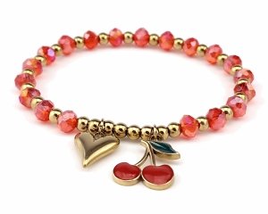 1914c Bransoletka złota stal chirurgiczna 316L nierdzewna na gumce jubilerskiej wiśnie kryształki