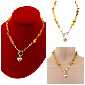 3970a Złoty łańcuszek bursztyn naturalny Bałtycki 43cm stal chirurgiczna nierdzewna naszyjnik serce