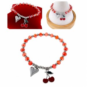 1635 Bransoletka srebrna stal chirurgiczna 316L na gumce serce wiśnie