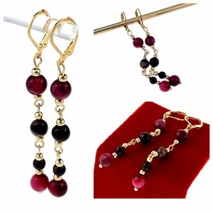 2911 Kolczyki złote różowe tygrysie oko turmalin kamień naturalny stal chirurgiczna wiszące 