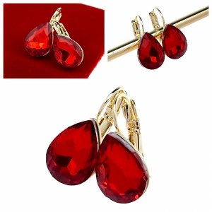 544c Kolczyki złote pozłacane wiszące 14K kryształek czerwony