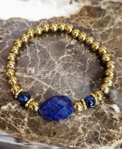 1935h Bransoletka naturalny kamień lapis lazuli hematyt na gumce jubilerskiej 
