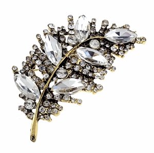 009 Elegancka broszka przypinka złota cyrkonia listek