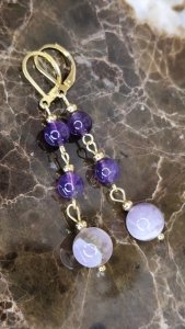 486e Kolczyki złote ametyst kamień naturalny stal chirurgiczna wiszące 