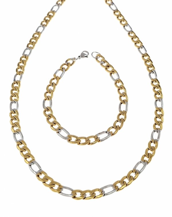 3671 Komplet srebrno-złoty stal chirurgiczna 316L naszyjnik 55cm, bransoletka 20cm