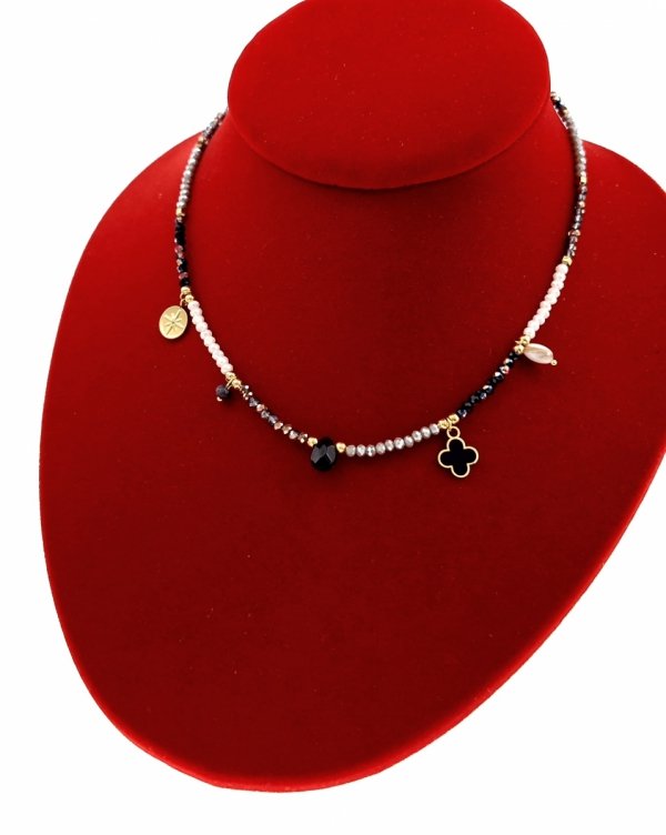 296b Złoty łańcuszek naszyjnik 39+5 stal chirurgiczna 316L Viki lady choker kryształki koniczyna marokańska róża wiatru