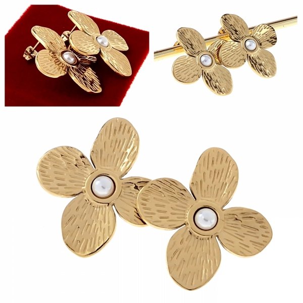 371e Kolczyki złote stal chirurgiczna 316L nierdzewna wtyczki kwiat perła