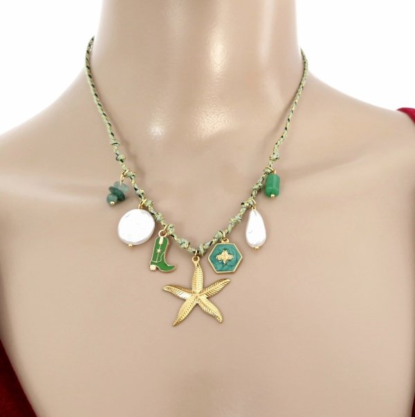 799 Złoty łańcuszek 43+5 naszyjnik sznurek stal chirurgiczna nierdzewna 316L plaża lato wakacje rozgwiazda nefryt kamień kozaczek perły 