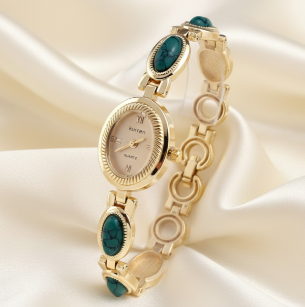 0204 Ekskluzywny damski złoty zegarek Kurren klasyk kamień turkus