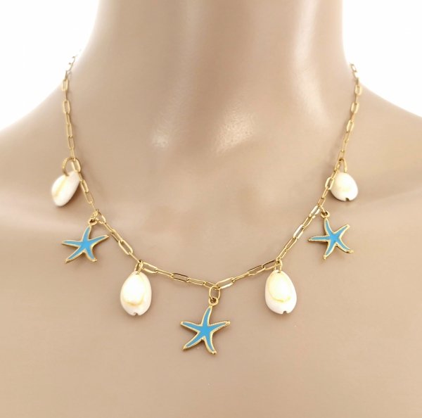 4971 Złoty łańcuszek naszyjnik 41+5 stal chirurgiczna 316L muszla rozgwiazda  lato wakacje plaża