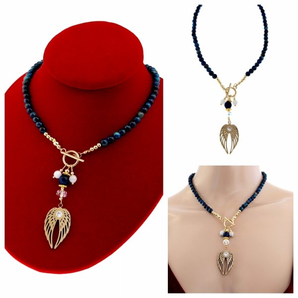 1914b Naszyjnik naturalny kamień niebieskie tygrysie oko 43cm stal chirurgiczna 