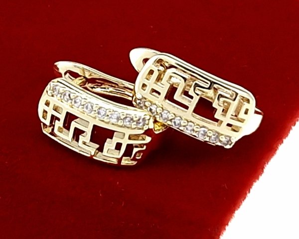 1989 Kolczyki złote pozłacane wiszące 14K cyrkonie Viki Lady wzór grecki angielskie zapięcie