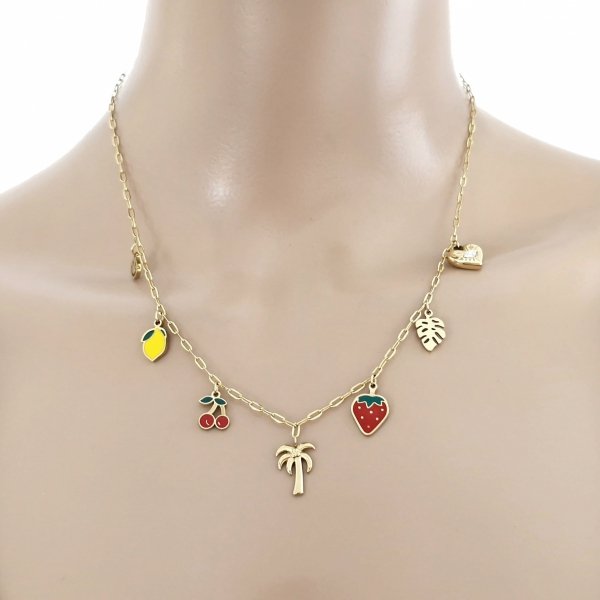 @2598 Złoty łańcuszek naszyjnik 45+5 stal chirurgiczna 316L nierdzewna celebrytka serce palma truskawka wiśnia