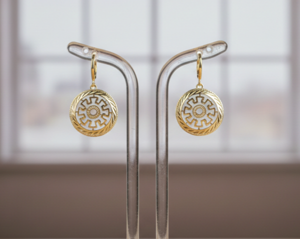 090b Kolczyki złote pozłacane wiszące 14K wzór grecki